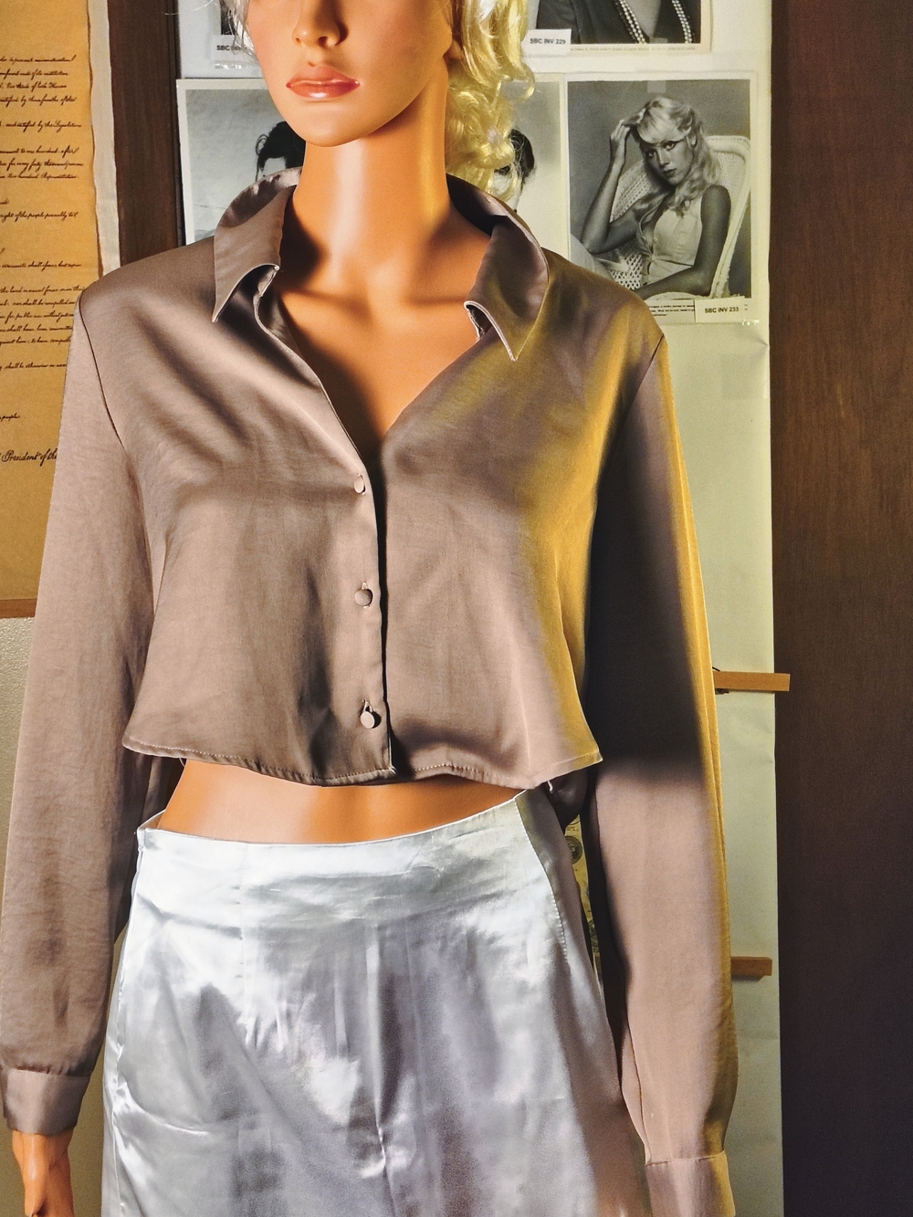 ZARA Brown Cropped Collared Button Front Top Women’s S Long Sleeve Y2K Blouse
